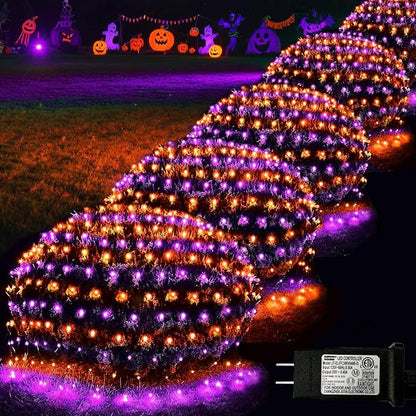 Pooqla Orange and Purple Halloween Net Lights Outdoor, 28x 5ft Clear Wire | 510 LED Large Net Mesh Lights Plug in, 8 Modes Waterproof Connectable Bushes Lights for Halloween Hedge Yard Decor