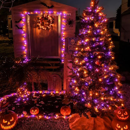 QITONG Solar Halloween Lights Outdoor Waterproof, 2 Pack Each 66ft 200 LED Orange and Purple Fairy Lights with 8 Modes, Silver Wire Christmas Mini String Lights