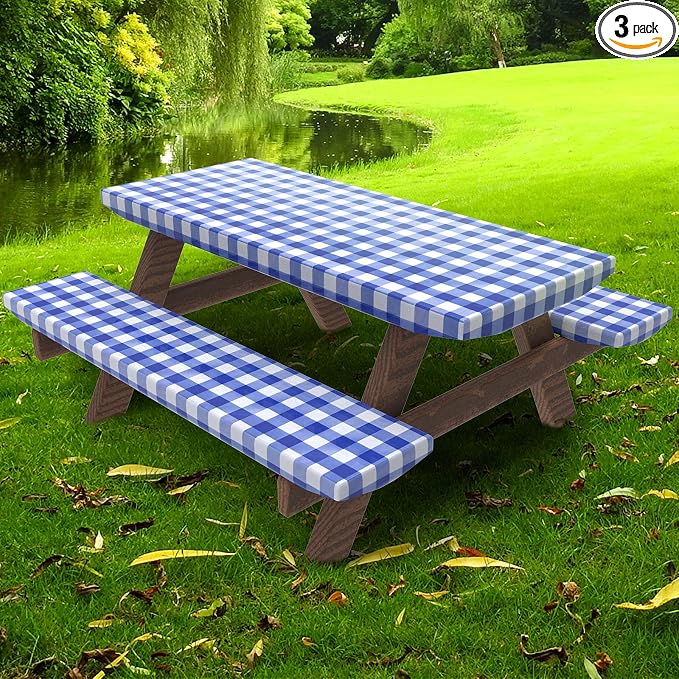 UMINEUX Rectangle Picnic Table Cover with Bench Covers, Fitted Vinyl Tablecloth for 6 FT Tables, Waterproof, Flannel Backing, Elastic Edge (30 x 72 Inch, Blue Plaid)