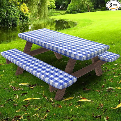 UMINEUX Rectangle Picnic Table Cover with Bench Covers, Fitted Vinyl Tablecloth for 6 FT Tables, Waterproof, Flannel Backing, Elastic Edge (30 x 72 Inch, Blue Plaid)