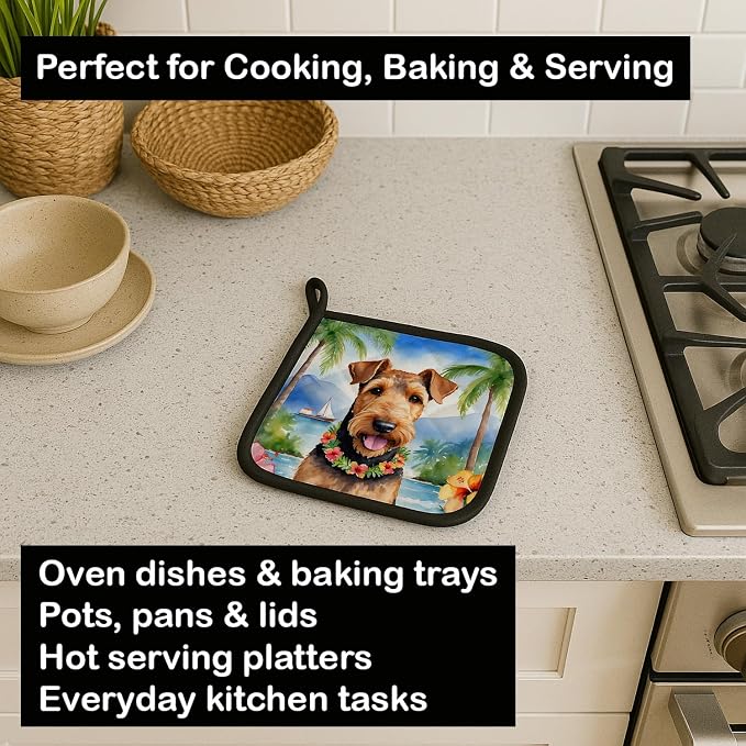 Caroline's Treasures Airedale Terrier Luau Pair of Pot Holders Kitchen Heat Resistant Pot Holders Sets Oven Hot Pads for Cooking Baking BBQ, 7 1/2 x 7 1/2
