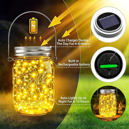 Mason Jar Solar Lights for Outside, 12 Pack 30 LED(NO JARS) Fairy Firefly Lights Mason Jar Solar Lids Outdoor Waterproof String Lights with Hangers for Patio Garden Yard Lawn Decor - Warm White