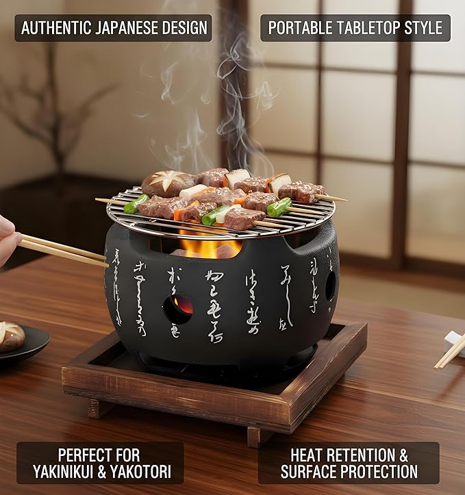 Japanese Style BBQ Grill, Portable Round Hibachi Charcoal Stove with Heat Resistant Design and Removable Ash Tray for Yakiniku, Yakitori, Robata, Takoyaki, and Outdoor Indoor Barbecue (5.9 inch)