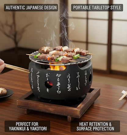 Japanese Style BBQ Grill, Portable Round Hibachi Charcoal Stove with Heat Resistant Design and Removable Ash Tray for Yakiniku, Yakitori, Robata, Takoyaki, and Outdoor Indoor Barbecue (5.9 inch)