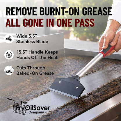 Heavy Duty Griddle Scraper for Flat Top Grills – 15.5” Long Handle Cleaning Tool w/ 5.5” Replaceable Flat Stainless Steel Blade - Removes Burnt-On Food & Grease - by FryOilSaver Co. - 90018