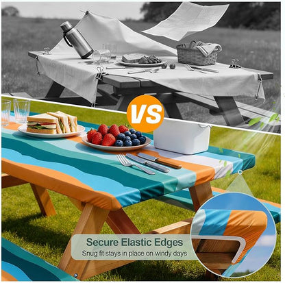 Picnic Table Cover Bench Covers Camping Essentials Tablecloth | Waterproof Vinyl for Outdoor, Windproof Elastic Fitted Edges, RV BBQ Accessories Must Haves, Storage Bag Included