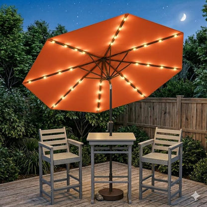 10FT Solar Lighted Patio Umbrella, Outdoor Table Market Umbrellas with Push Button Tilt and Crank, 32 LED Lights, 8 Sturdy Ribs, UV-Resistant for Deck, Garden, Pool