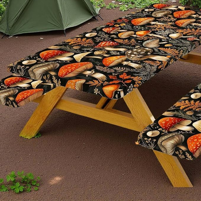 Picnic Table Cover with Bench Covers Elastic Edges, Black Mushroom Vintage Fitted Table Cover, Outdoor Patio Camping Essentials 3PCS, Waterproof Camping Tablecloth with Drawstring Bag 96in