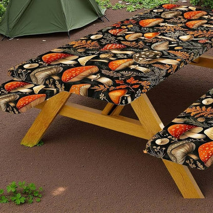 Picnic Table Cover with Bench Covers Elastic Edges, Black Mushroom Vintage Fitted Table Cover, Outdoor Patio Camping Essentials 3PCS, Waterproof Camping Tablecloth with Drawstring Bag 96in