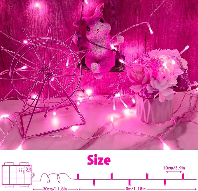 cshare String Lights Outdoor Waterproof 9.8ft 30 LED, Pink Fairy Lights Battery Operated with Timer Clear Wire for Indoor & Outdoor Christmas Valentine's Day Decorations Garland Party2 Packs