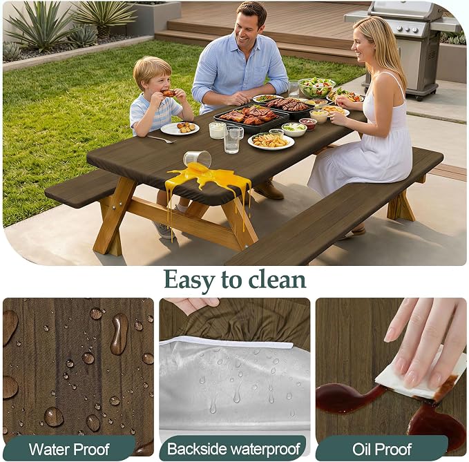 Picnic Table Cover Bench Covers Camping Essentials Tablecloth | Waterproof Vinyl for Outdoor, Windproof Elastic Fitted Edges, RV BBQ Accessories Must Haves, Storage Bag Included