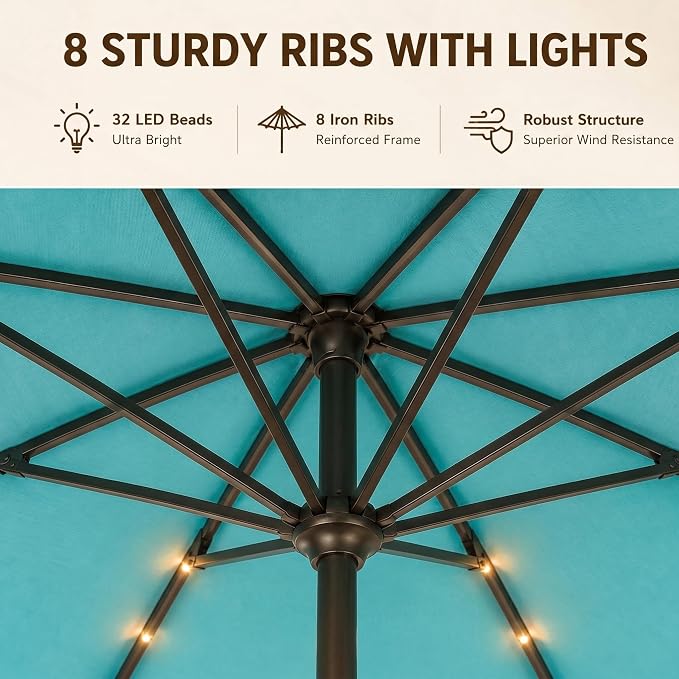 11FT Solar Lighted Patio Umbrella, Outdoor Table Market Umbrellas with Crank Lift, 32 LED Lights, 8 Sturdy Ribs, UV-Resistant for Deck, Garden, Pool