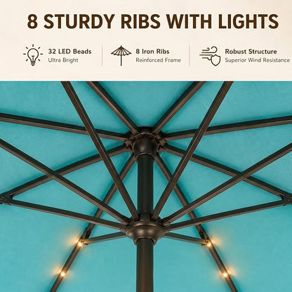 11FT Solar Lighted Patio Umbrella, Outdoor Table Market Umbrellas with Crank Lift, 32 LED Lights, 8 Sturdy Ribs, UV-Resistant for Deck, Garden, Pool