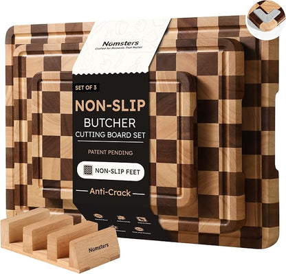 3 Packs Cutting Boards for Kitchen Checkered Cutting Board Acacia Wood Charcuterie Board Serving Heavy Duty Non Toxic Slip Butcher Block Wood Chopping Board with Juice Grooves Handles