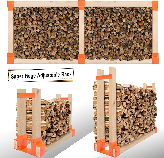 MOFEEZ Outdoor Firewood Log Storage Rack 2x4 Bracket Kit, Fireplace Wood Storage Holder, Adjustable to Any Length - Orange, Two Bases