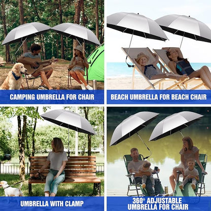 2 PACK Beach Umbrella with Clamp, 360 ° Adjustable Umbrellas for Chair, UPF50+ Umbrella for Beach Chair, Patio Chair, Wheelchair, Camping Chair, Golf Carts (Chair Not Included)