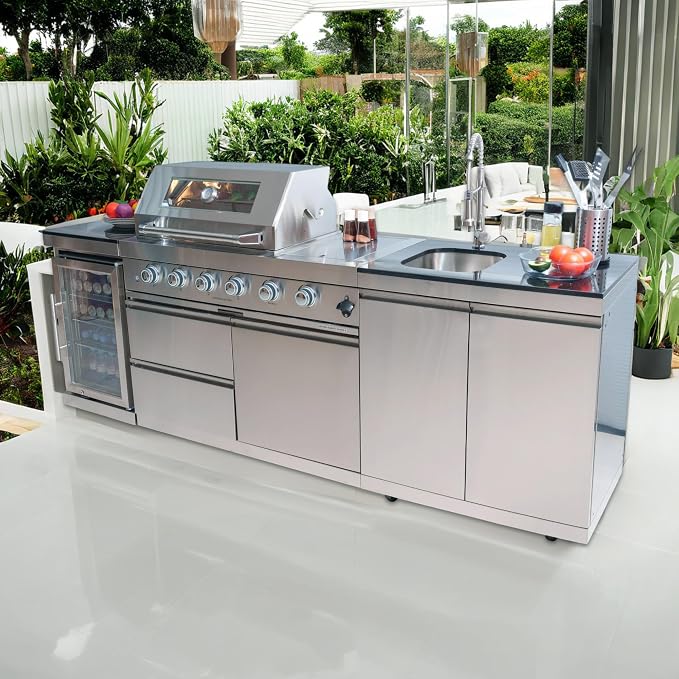 98" Propane Gas Outdoor Kitchen Bar Island Grill with 4-Burner 72000 BTU, Stainless Steel Outdoor Kitchen Island Grill with Wine Cooler Compact Refrigerator, Rotisserie, For Backyard BBQ, Silver