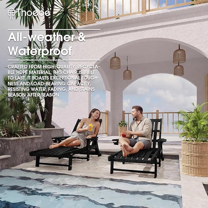 THOEOE Patio Chaise Lounge Chair, Oversized Lounge Chair Outdoor with 5 Positions, 78″ Long, HDPE, Patio Lounge Chair with Wheels & Cup Holder for Pool, Deck, Poolside,Black