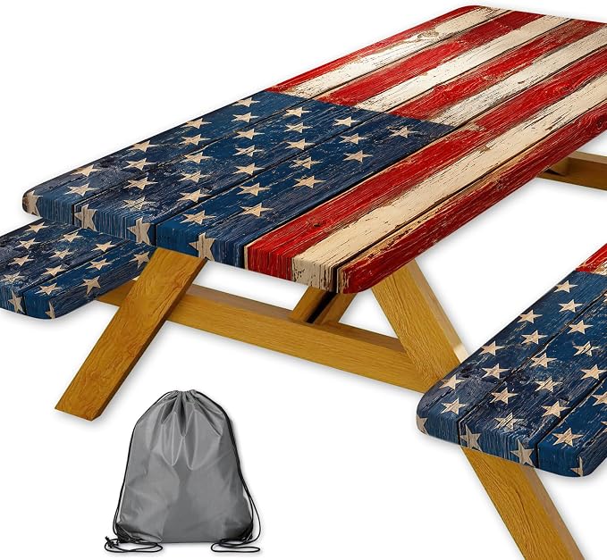 American Flag Picnic Table Cover with Bench Covers and Bag | 4th of July Waterproof Oilproof Fitted Tablecloth with Elastic Edges for Patriotic Outdoor Decor Camping 3Pcs 30x60 Inch