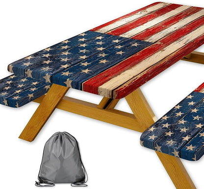 American Flag Picnic Table Cover with Bench Covers and Bag | 4th of July Waterproof Oilproof Fitted Tablecloth with Elastic Edges for Patriotic Outdoor Decor Camping 3Pcs 30x96 Inch