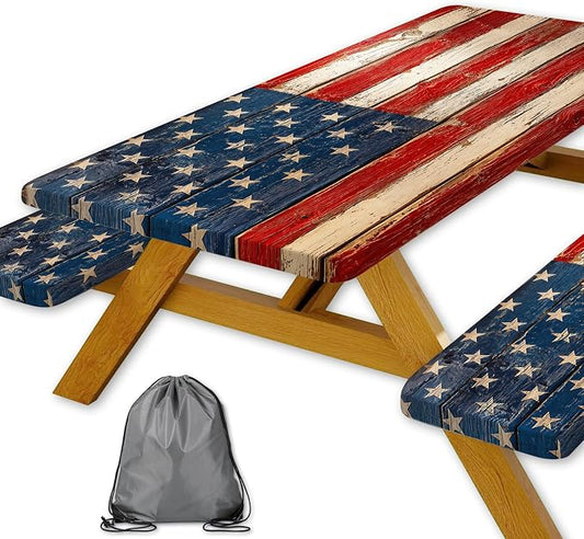 American Flag Picnic Table Cover with Bench Covers and Bag | 4th of July Waterproof Oilproof Fitted Tablecloth with Elastic Edges for Patriotic Outdoor Decor Camping 3Pcs 30x96 Inch