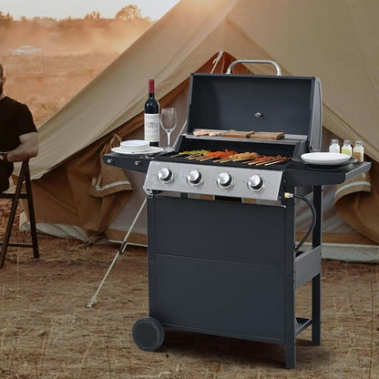 44.8 Inch Outdoor Kitchen Island, 4 Burner 34,000 BTU Stainless Steel Propane Gas Grill Bar with Two Shelves, Lid, Wheels and Bottle Opener
