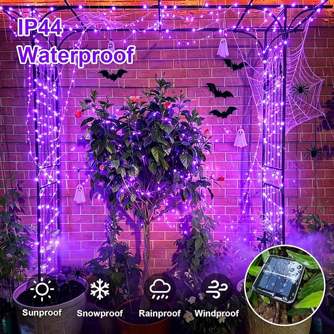 QITONG Solar Fairy Lights Outdoor Waterproof, 2 Pack Each 66ft 200 LED Purple Halloween String Lights, Silver Wire Christmas Twinkle Mini Lights with 8 Modes