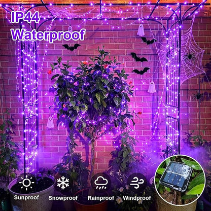QITONG Solar Fairy Lights Outdoor Waterproof, 2 Pack Each 66ft 200 LED Purple Halloween String Lights, Silver Wire Christmas Twinkle Mini Lights with 8 Modes