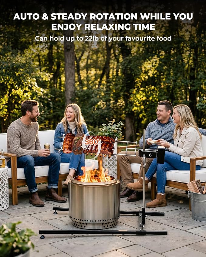 onlyfire Spit Rotisserie Kit with Stand, Open Flame Camping Grill for Outdoors, Cooking Over Any Grill or Fire - Include Motor, Power Adapter and USB Cable