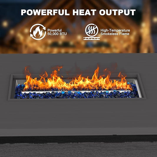 51 inch Propane Fire Pit Table, 50,000 BTU Outdoor Fire Pit Table with Steel Lid and High-Temp Crystal Beads, 2 in 1 Rectangle Gas Fire Pit Table for Garden/Patio Outside (51 inch, With Crystal Beads)