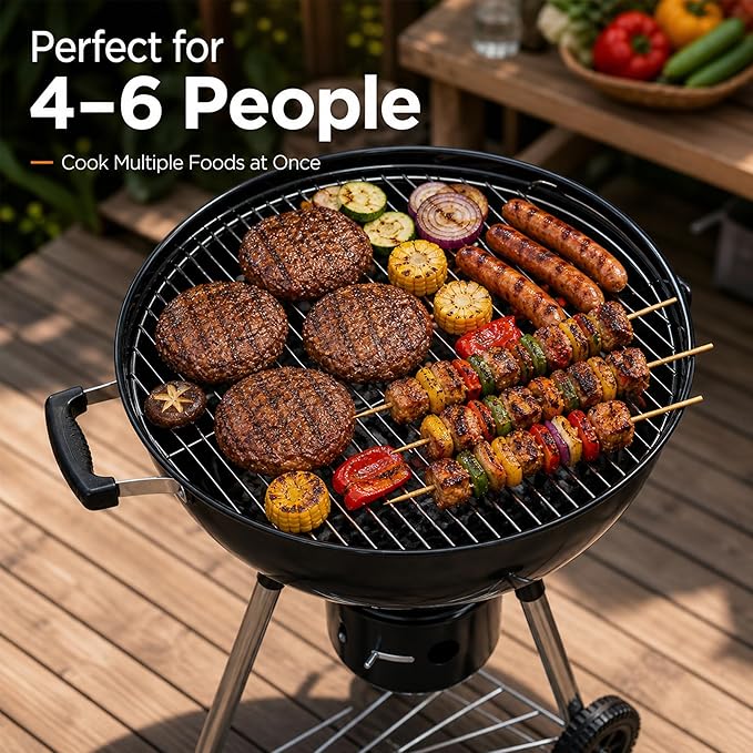 18 Inch Charcoal Grill with Lid & Ash Catcher, Kettle BBQ Grill for Backyard & Patio, Easy Temperature Control, Family Grill for 4–6 People