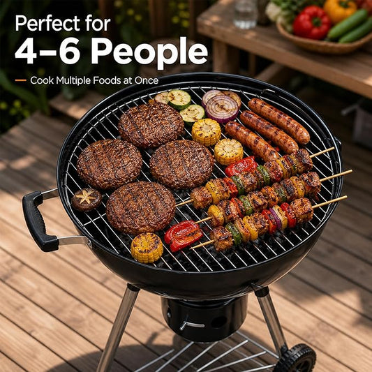 18 Inch Charcoal Grill with Lid & Ash Catcher, Kettle BBQ Grill for Backyard & Patio, Easy Temperature Control, Family Grill for 4–6 People