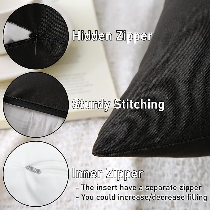 16 x 16 Inch Throw Pillow for Outdoor Seating, Waterproof Lumbar Pillows with Insert, Square Decorative Garden Cushion for Couch Patio Sofa Home Furniture (Black, 16" x 16" (Pack of 2))