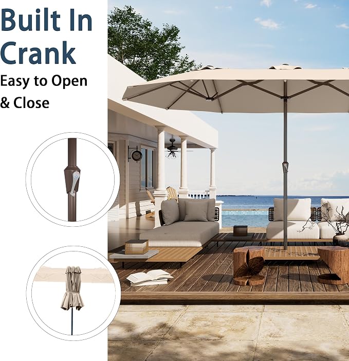 PatioKingdom 15FT Large Patio Umbrella with Base, Double Sided Rectangular Outdoor Umbrella with Sturdy Fiberglass Ribs, Market Umbrella for Pool,Garden,Backyard,Deck (Beige, 15FT)