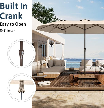 PatioKingdom 15FT Large Patio Umbrella with Base, Double Sided Rectangular Outdoor Umbrella with Sturdy Fiberglass Ribs, Market Umbrella for Pool,Garden,Backyard,Deck (Beige, 15FT)