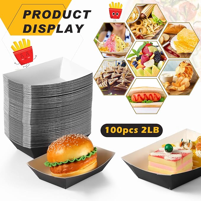 100 Pcs 2lb Paper Food Trays Boat Nacho Boats for Hot Dogs, Black | Grease-Resistant, Disposable Kraft Paper Boat for Tacos Concession, Food Trucks, Birthday, Wedding, Christmas, Halloween