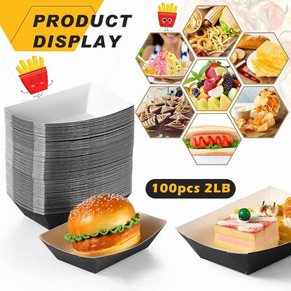 100 Pcs 2lb Paper Food Trays Boat Nacho Boats for Hot Dogs, Black | Grease-Resistant, Disposable Kraft Paper Boat for Tacos Concession, Food Trucks, Birthday, Wedding, Christmas, Halloween