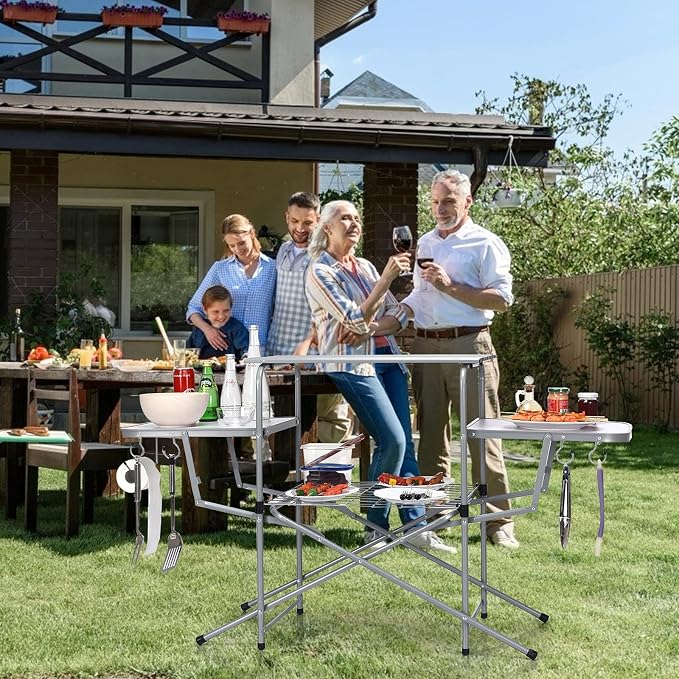 GIANTEX Folding Grill Table with 26'' Main Tabletop, Portable Aluminum Camping Table, Carrying Bag, Quick Set-up, Outdoor Camping Kitchen Food Prep Station for Picnic Tailgating RVing Backyard
