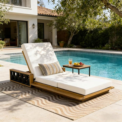 Merax Patio Chaise Lounge with 4-Position Adjustable Backrest, Acacia Wood Outdoor Sunbathing Recliner Chair & 4" Thick Triple-fold Cushion for Poolside, Garden, Backyard, Patio, Beige