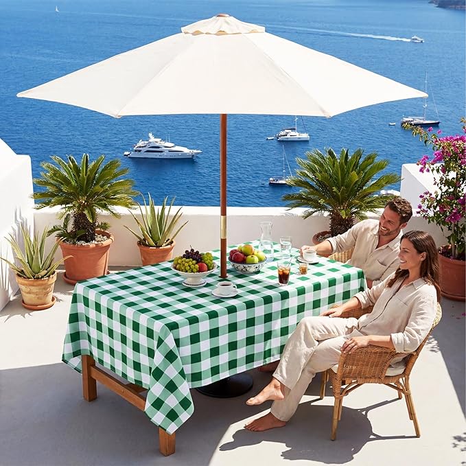 Poise3EHome Rectangle Outdoor Tablecloth with Umbrella Hole and Zipper,Green and White Gingham 104x60 Inch,SpillProof Washable Table Cloth for Spring Summer Patio Garden Poolside Picnic Camping BBQS