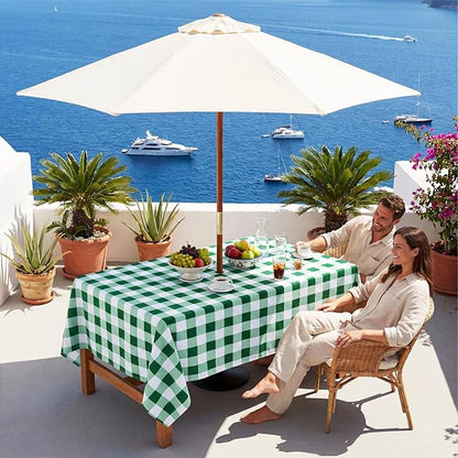 Poise3EHome Rectangle Outdoor Tablecloth with Umbrella Hole and Zipper,Green and White Gingham 104x60 Inch,SpillProof Washable Table Cloth for Spring Summer Patio Garden Poolside Picnic Camping BBQS
