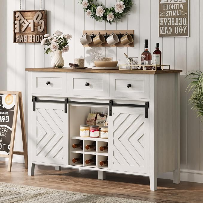 CABIHOME Farmhouse 47.2'' Buffet Cabinet with Sliding Barn Door, 33.4'' Tall Wood Rustic Sideboard with 3 Drawer, Adjustable Shelf and Removable Wine Rack for Dining Room, Kitchen, Living Room, White