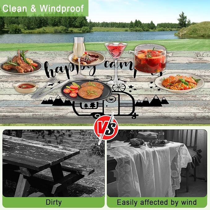 JAWO Picnic Table Cover with Benches, Camping Camper Campfire Rustic Wood Fitted Tablecloth for Outdoor Foldable Picnic Table Includes Drawstring Storage Bag 30X96inch