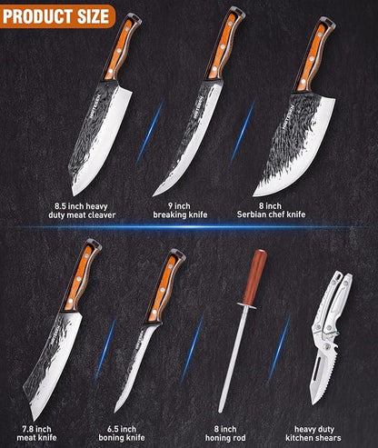 Naitesen 7PCS Hand Forged Butcher Knife and Kitchen Knife 2 in 1 Set with Roll Bag, Heavy Duty Meat Cleaver Serbian Chef Knife Breaking Knife Boning Knife for Meat Cutting BBQ Gifts for Men Women