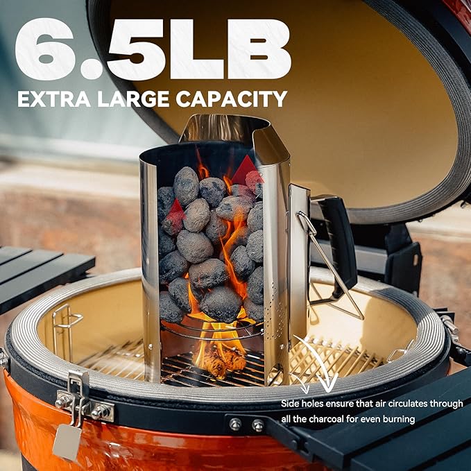 onlyfire Heavy Duty Deluxe BBQ Chimney Starter, Stainless Steel Charcoal Chimney Starter for Charcoal Grills Barbecue Fire Starter with Heat Shield & Stay-Cool Handle Easy to Use Grill Tool