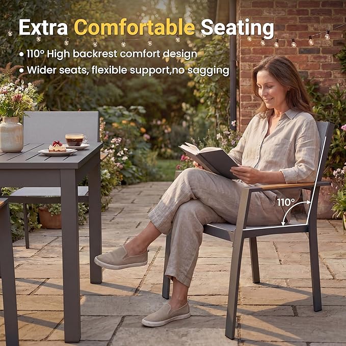 RoyalCraft 9-Piece Outdoor Dining Set with Adjustable Length Dining Table, 75" L×36" W Expandable Patio Table and Chairs Set for 8, Aluminum Stackable Chairs with Quick Drying Fabric for Porch, Grey
