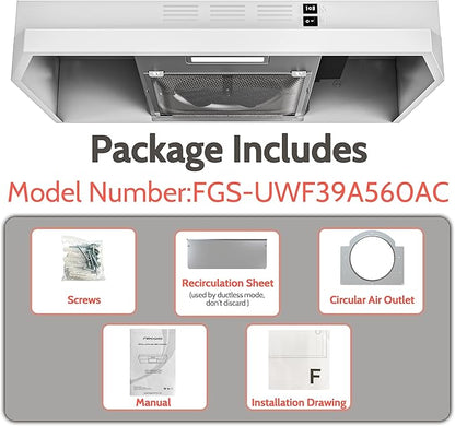 FIREGAS 24 inch Range Hood, 300CFM Ducted/Ductless Convertible Under Cabinet Range Hood in White Painted Stainless Steel with 2 watt LED Light and Filter, 2 fan speeds,hassle-free installation