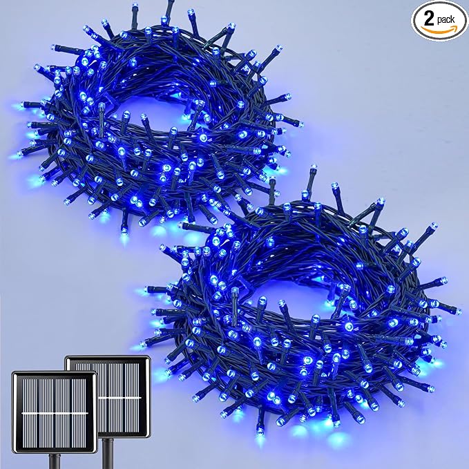 QITONG 2 Pack Blue Solar String Lights Outdoor Waterproof, Each 33ft 100 LED Christmas Light, 8 Modes Green Wire Blue Lights for Pool Garden Patio Yard Tree Party Wedding