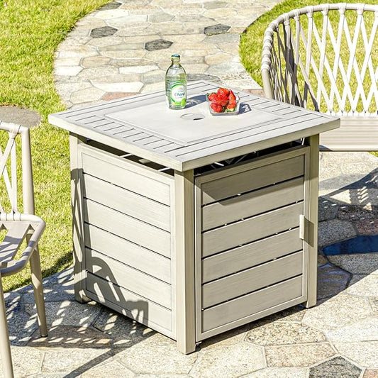 OutVue 28 Inch Propane Fire Pit Table, Outdoor Gas Fire Pits with Lid & Lava Rock, 50000 BTU Firepit for Dinning, Party in Outside, Patio, Garden or Yard (Light Grey)