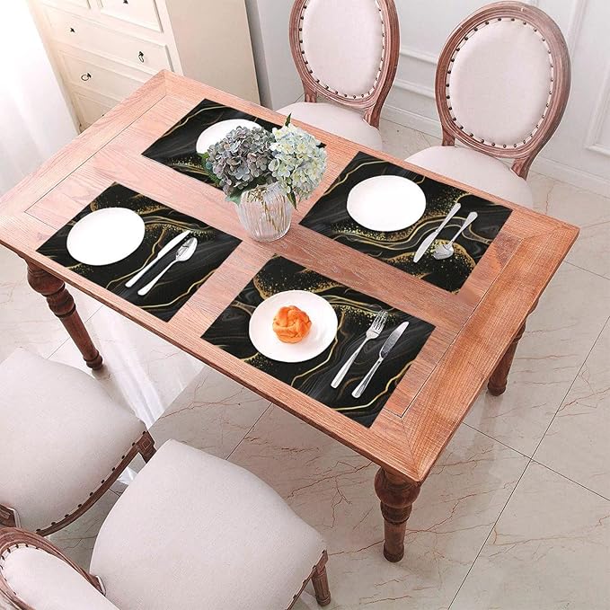 Black Gold Marble Texture Placemats Set of 4, Black Table Mats | Heat Resistant Washable Linen Place Mats for Kitchen Dining Table Farmhouse 12"x18", Black Gold Kitchen Decor